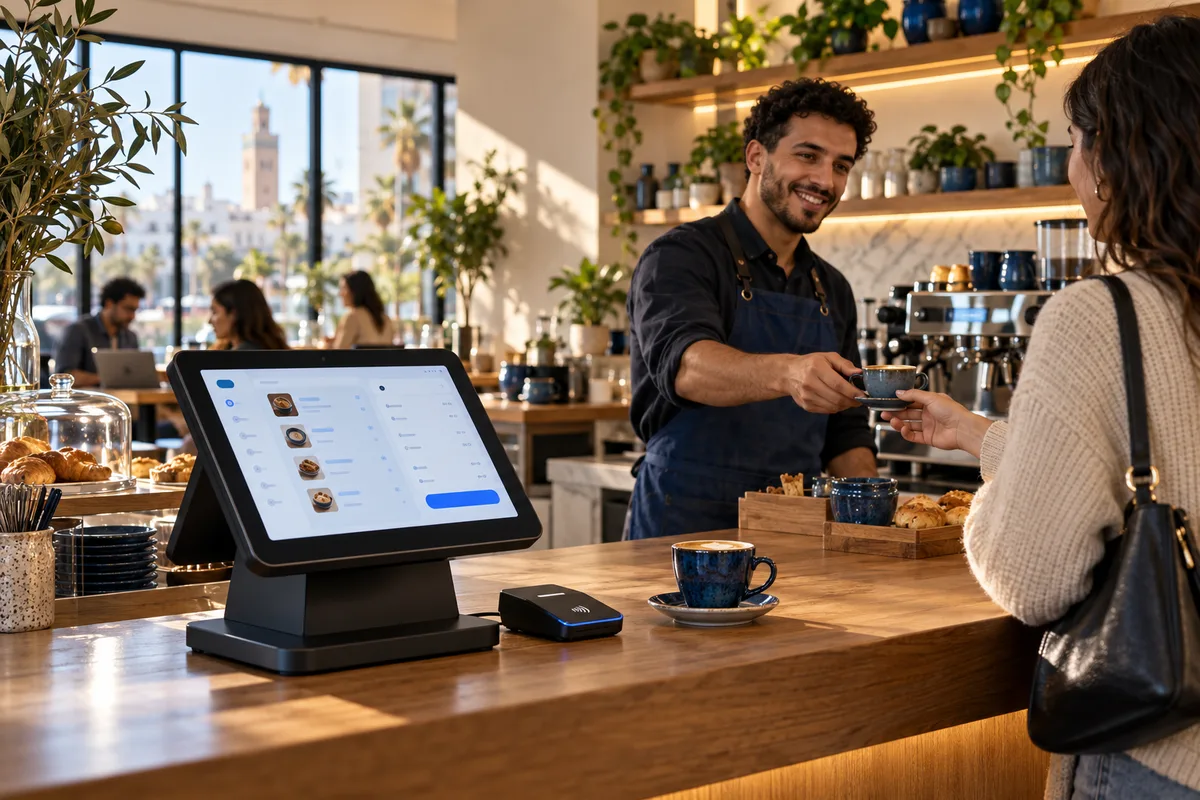 A café owner serving coffee beside a modern point-of-sale terminal