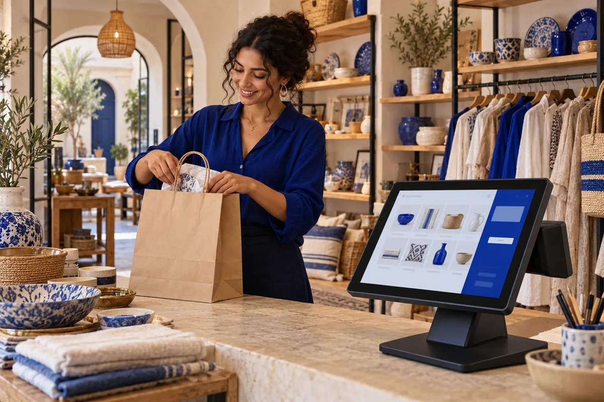 A boutique owner preparing a shopping bag beside a touchscreen checkout