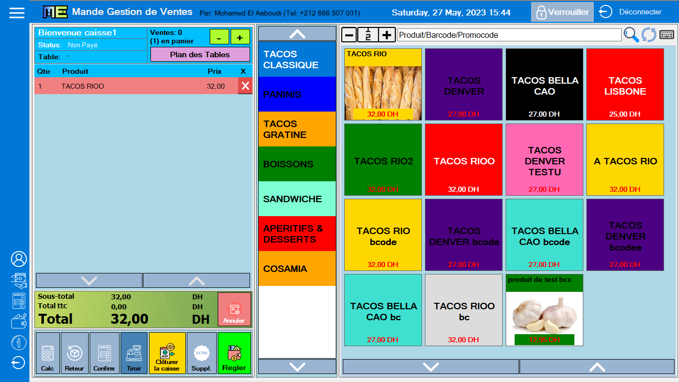 Product tiles, order basket, and totals in Moroccan dirhams, together on one screen.